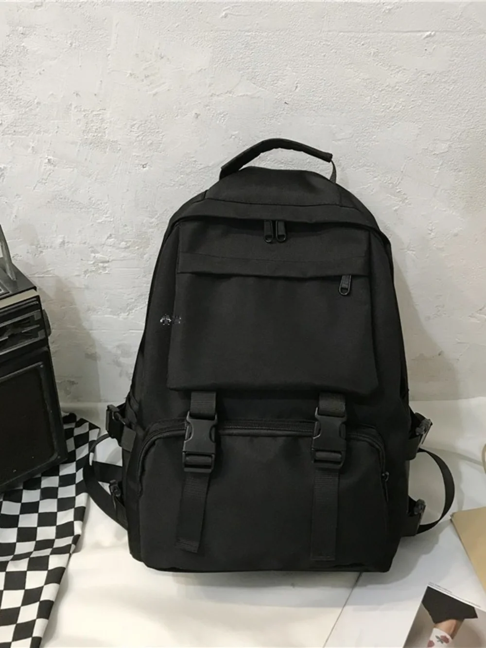 Men's Black Tactical Backpack with Buckle Straps